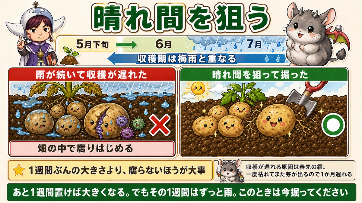 梅雨で芋が割れる、晴れ間を狙う