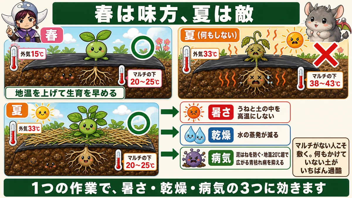 マルチの上にわらを敷く