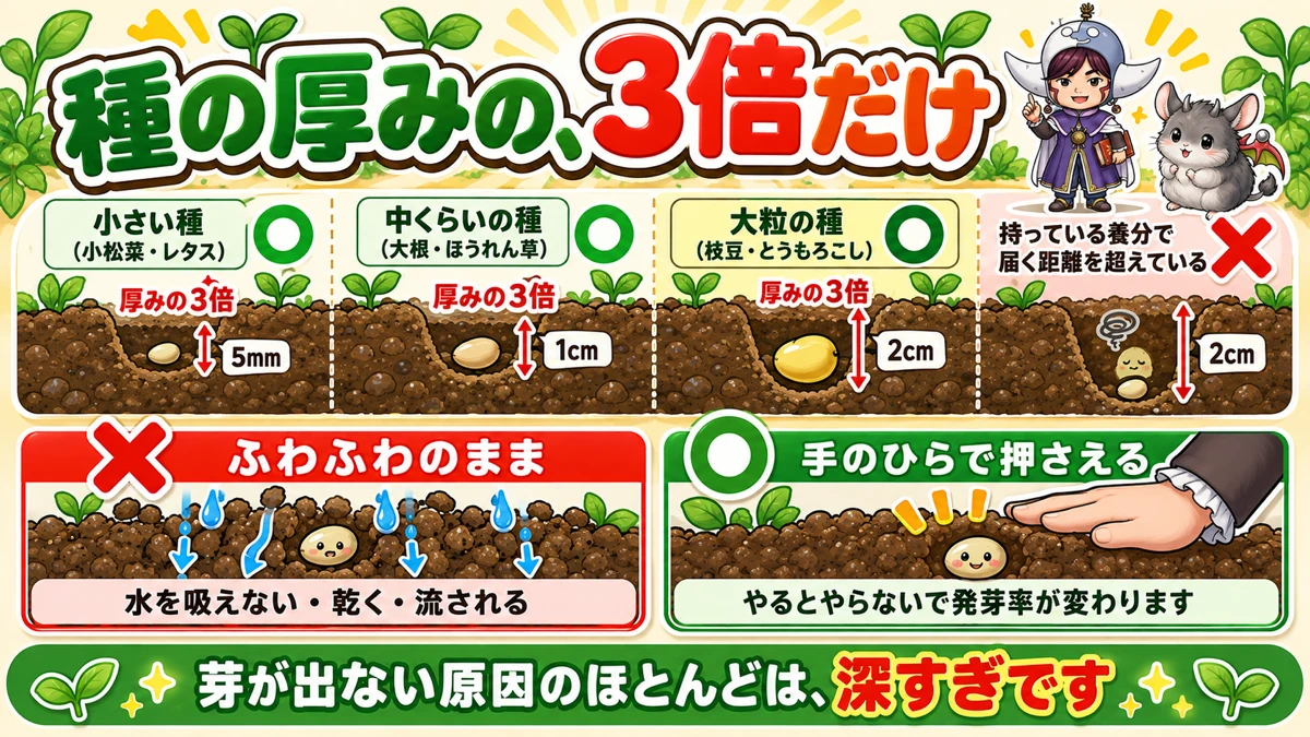 種の大きさの3倍だけ土をかける。小さい種は5mm、豆は2cm
