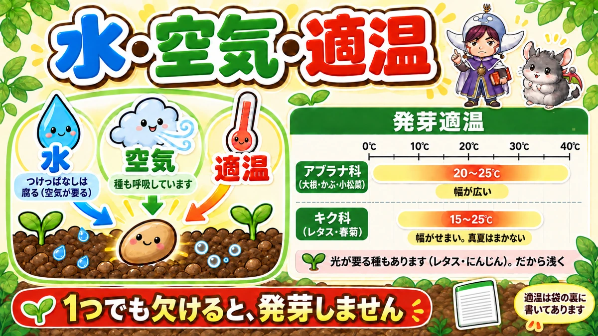 発芽に要るのは水・温度・酸素の3つ