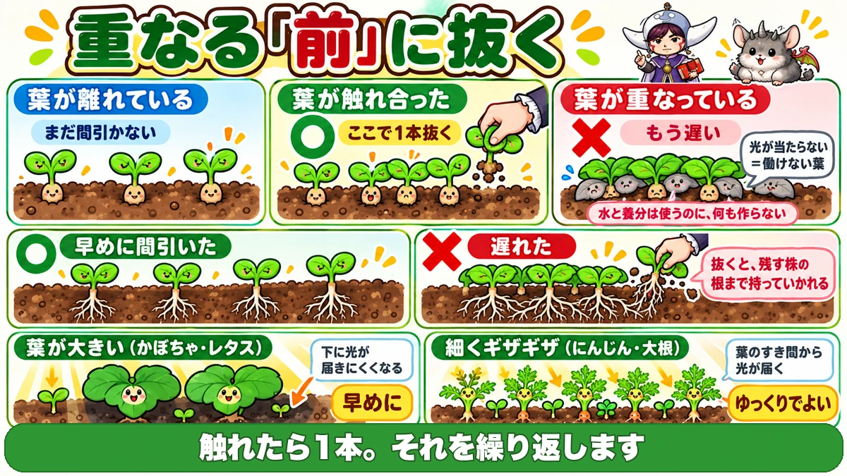 葉が触れ合ったら間引く。重なってからでは遅い