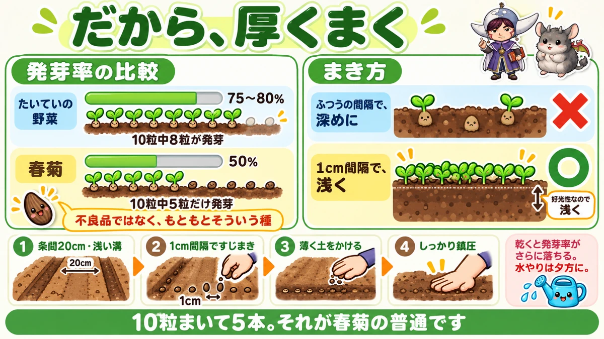 春菊の発芽率は50%。だから厚くまく