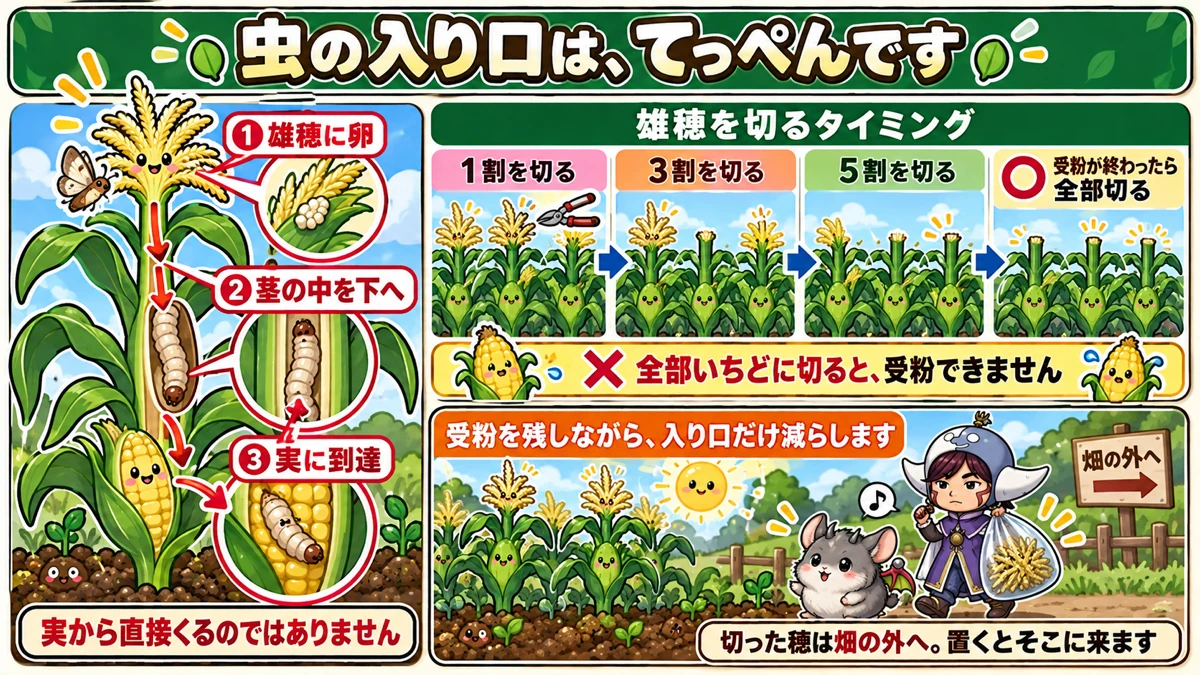雄穂を段階的に切る